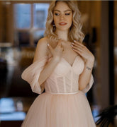 A Line Pink Tulle Tea Length Prom Dress